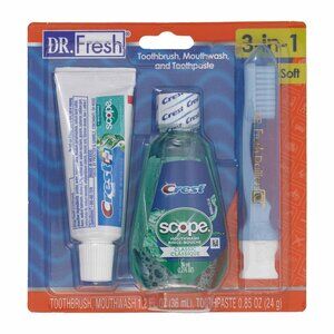 NEW Travel size toothpaste, mouthwash, and toothbrush.